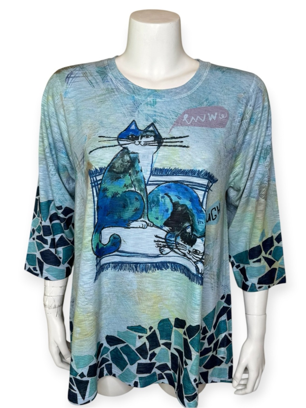 Inoah Cat Print Top Tunic L A-line 3/4 Sleeve Graffiti Art Blue